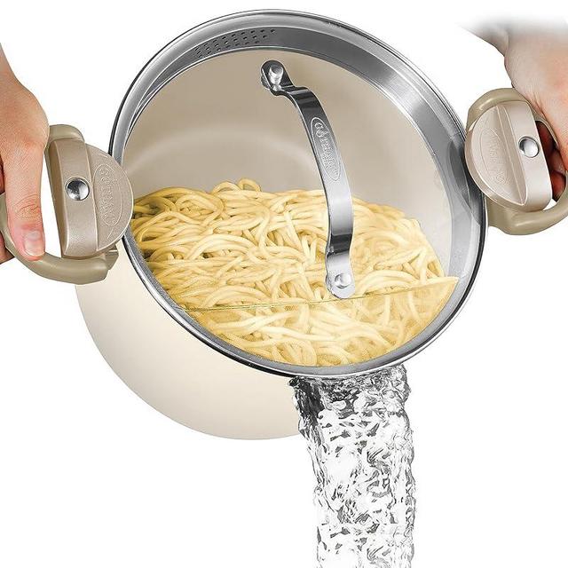 Gotham Steel 5 Quart Stock Pot Multipurpose Pasta Pot with Strainer Lid & Twist and Lock Handles, Nonstick Cooking Pot + Pasta Strainer Pots with Lid, Spaghetti Pot, Dishwasher Safe - Cream White