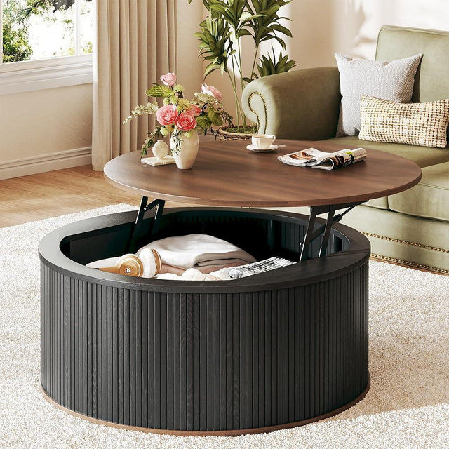 HUAHUU Round Coffee Table with Storage, 31.5" Lift Top Coffee Table, Mid Century Modern Coffee Tables for Living Room, Apartment Office, Fluted Table with Rustic Wood Desktop