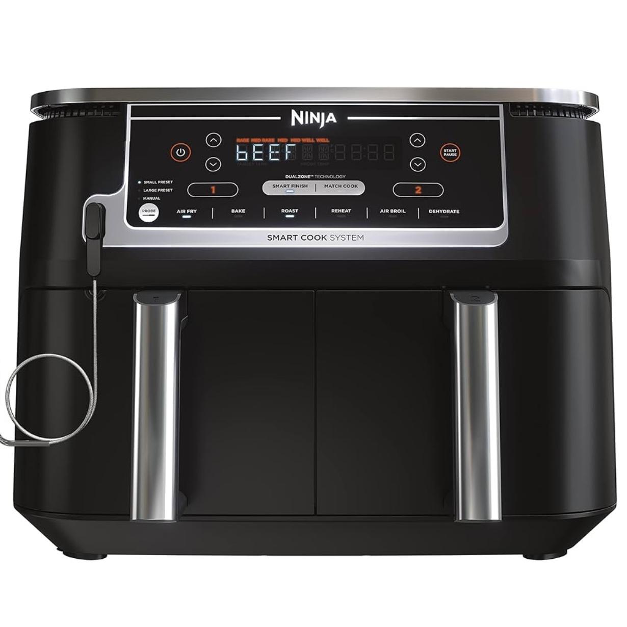 Ninja Air Fryer, Thermometer, Roast, Bake, Air Fry, Crisps, Broil, Reheats, Keep Warm, 10-in-1, Fries, Frozen Food, Veggies, and Meat, Quick Meals, Healthy Meals, Less Oil, 10 QT, Grey, DZ550​