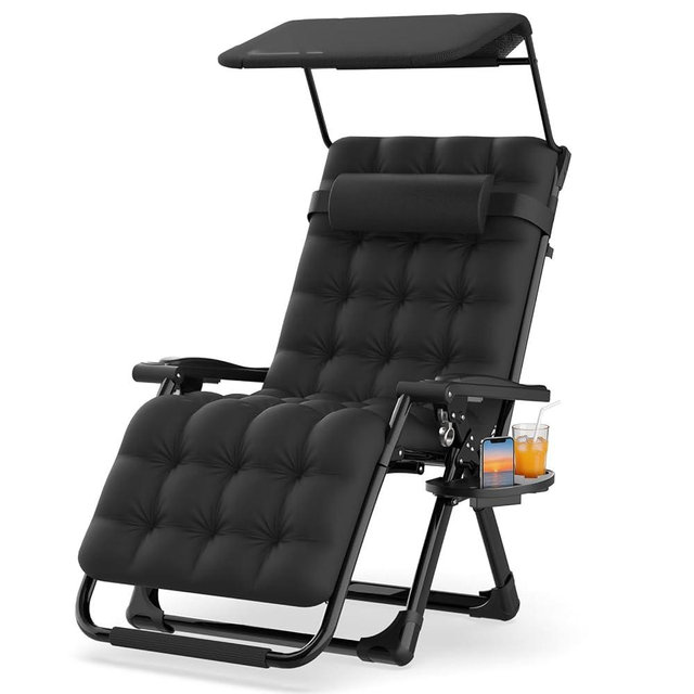 Suteck Zero Gravity Chair with Canopy, Reclining Camping Lounge Chair w/Removable Cushion, Upgraded Lock and Cup Holder, Reclining Patio Chairs Folding Recliner for Indoor and Outdoor