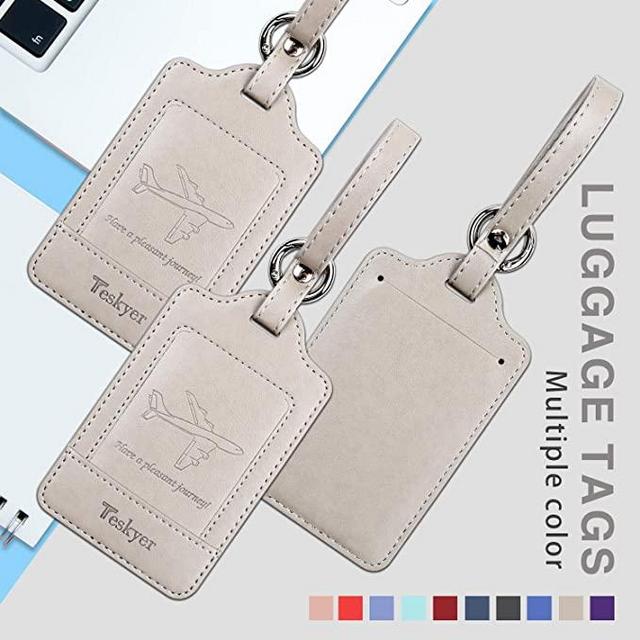 Luggage Tags, 3 Pack Teskyer Premium PU Leahter Luggage Tags Privacy Protection Travel Bag Labels Suitcase Tags-Gray