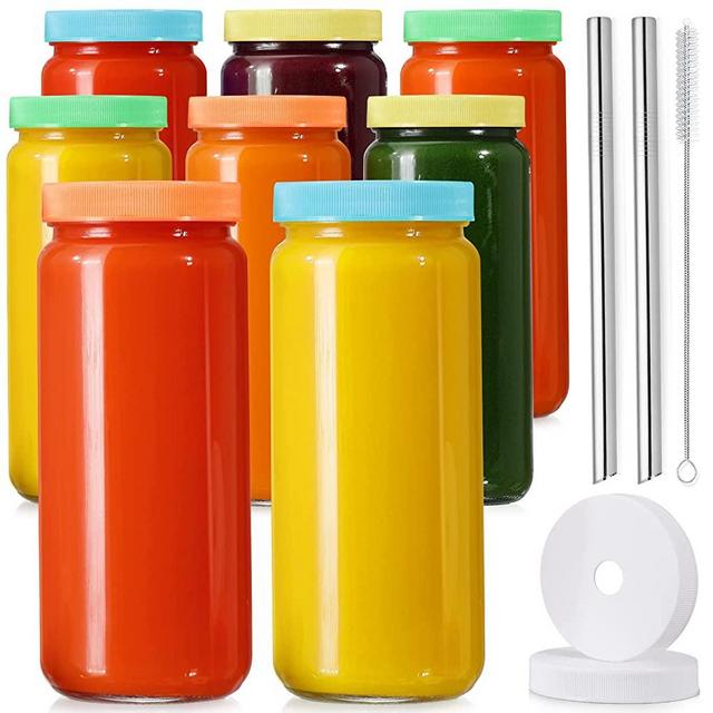 8 Pack Glass Juicing Bottle Drinking Jars with 2 Straws & 2 Lids w Hole- 16 OZ Travel Water Cups with Colored Airtight Lids, Reusable Tall Mason Jar for Juice, Boba, Smoothie, Tea, Kombucha