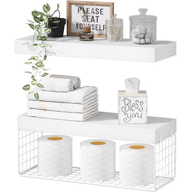 QEEIG White Bathroom Shelves Over Toilet Wall Mounted Floating Shelves Farmhouse Shelf Toilet Paper Holder Small 16 inch Set of 2 (019-W2)