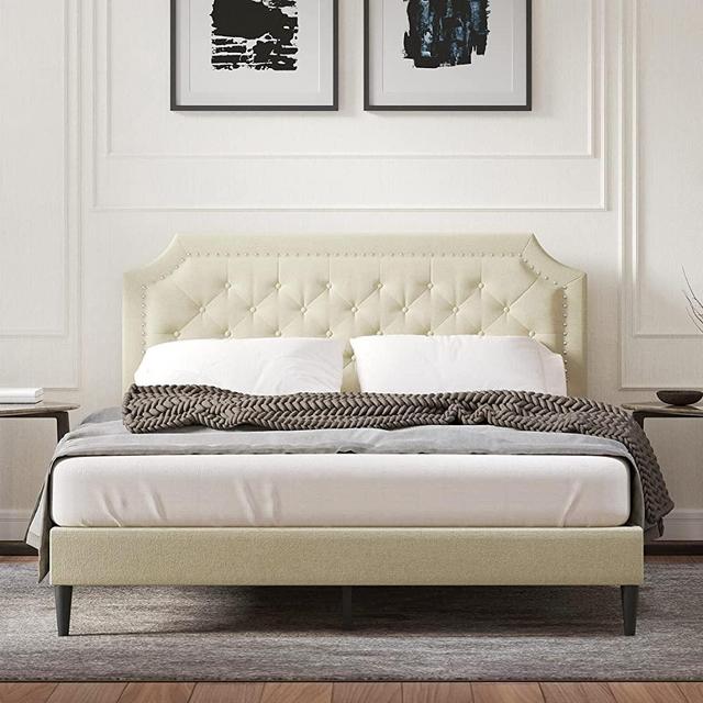 Curta Upholstered Platform Bed Frame/Clipped Nailhead Trim with Button Tufting/Mattress Foundation/No Box Spring Needed/Easy Assembly, Beige, Queen