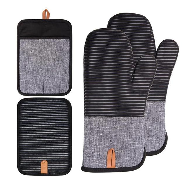 TIPTAP Kitchen Oven Mitts 4pcs Set Non Slip Cotton Oven Mitt & Pot Holders Heat Resistant Durable Machine Washable Two Long Mit & Two Pot Holder(Black)