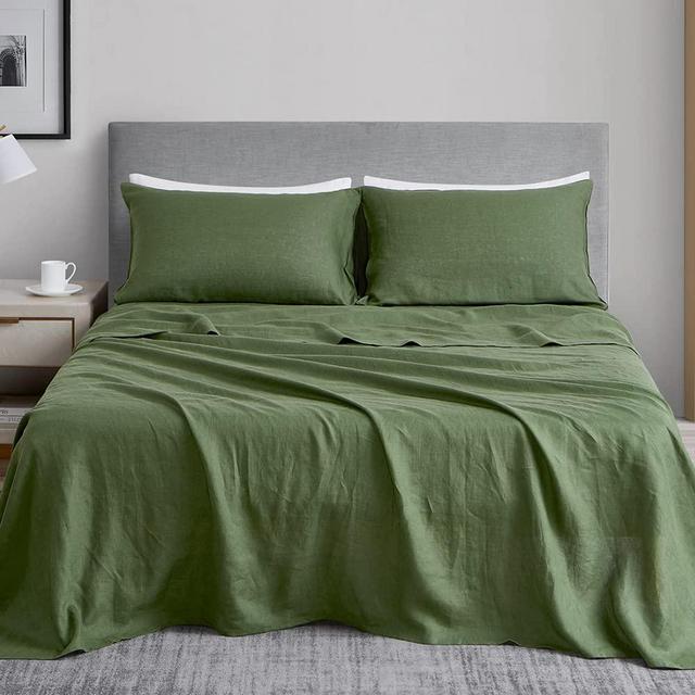 DAPU Pure Linen Sheets Set, 100% French Linen from Normandy, Breathable and Durable for Hot Sleepers, 3 Pcs Set - 1 Flat Sheet, 1 Fitted Sheet, 1 Pillowcase (Olive Green, Queen)