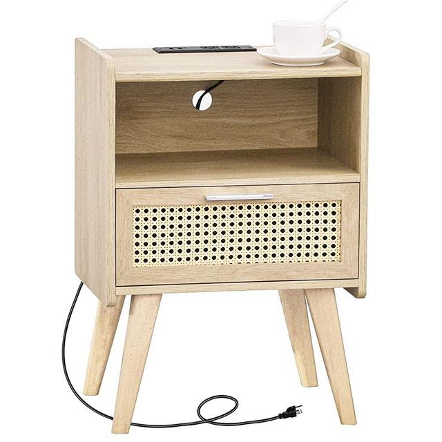 YAUKOMEL Nightstand with Charging Station, Side Table with Drawers, Rattan Furniture, Bed Sdie Table, End Table, Rattan Nightstand with Boho Desk for Bedroom, Living Room, Natural