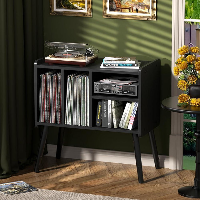 UODERS Record Player Table, Mid-Century Record Player Stand with Vinyl Storage Hold Up to 150+ Albums, Vinyl Record Cabinet with Adjustable Shelves, Wood Turntable Stand for Music Living Room (Black)