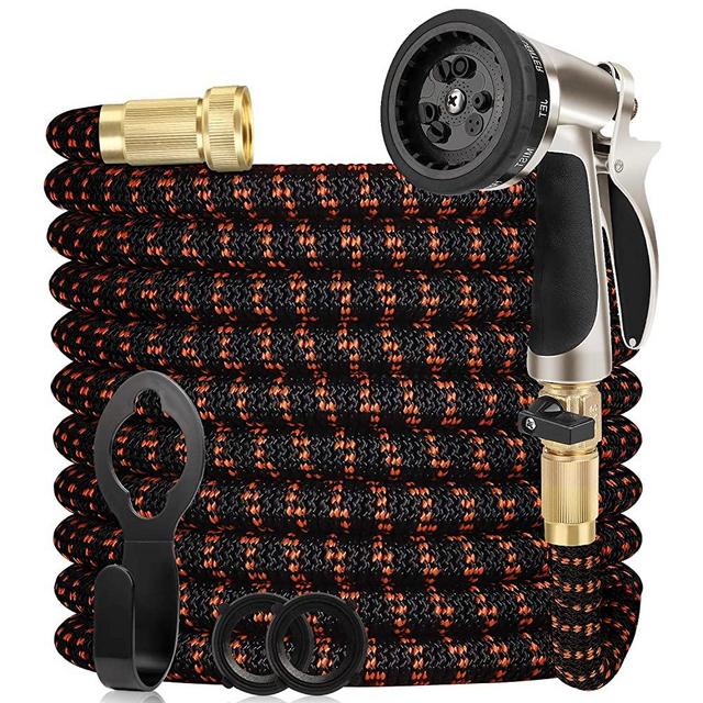 WGCC Expandable Garden Hose, 100ft Heavy-duty [4 Layers Latex] 5-in-1 Water Gardening Hose with 9 Function Alloy Sprayer Nozzle - No Kink Flexible Water Hose with 3/4" Solid Brass Fittings (Orange)