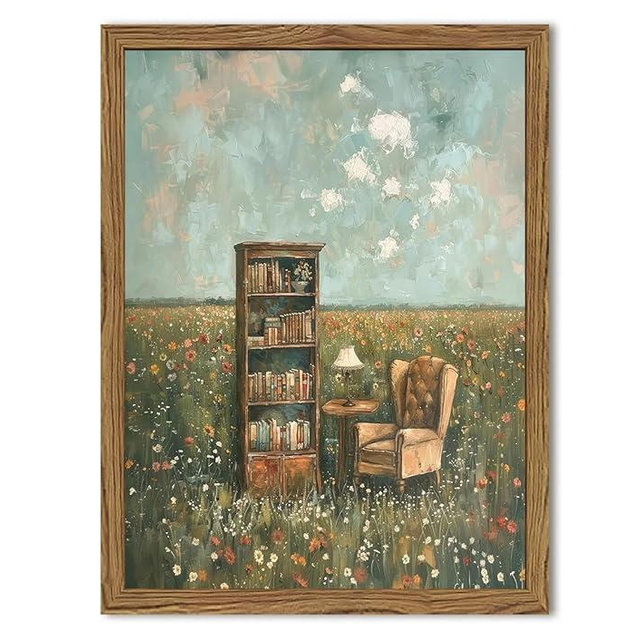 Vintage Whimsical Book Lover Wall Art, Impressionist Flower Field Painting Decor, Rustic Book Nook Canvas Prints, Bookish Gifts French Country Artwork for Bedroom Living Room 10x8 inch Wood Framed