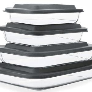 8-Piece Deep Glass Baking Dish Set with Plastic lids,Rectangular Glass Bakeware Set with Lids, Baking Pans for Lasagna, Leftovers, Cooking, Kitchen, Freezer-to-Oven and Dishwasher, Gray