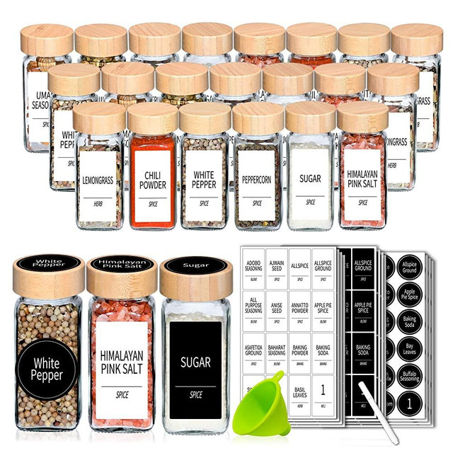 24 Spice Jars with Labels- Spice Jars with Bamboo Lids - 4 Oz Glass Spice Containers with Shaker Lids, 547 Spice Labels of 3 Different Types- Churboro Seasoning Jars for Spice Rack, Cabinet, or Drawer