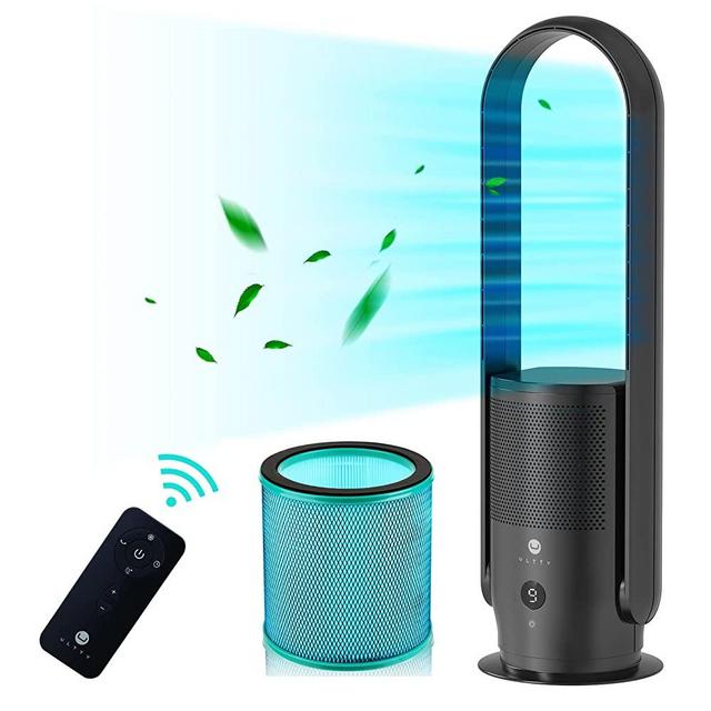 ULTTY Bladeless Tower Fan and Air Purifier in one, True HEPA Filter 99.97% Smoke Dust Pollen Dander, Oscillating Tower Fan with Remote Control R022, Black