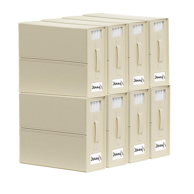 SheetCube Bed Sheet Organizers and Storage 8 Pack, Foldable Linen Closet Organizer with Window and Label, Bedding Folder Storage Box Container for Blanket, Duvet Cover Set, Bed Sheet Set - Beige