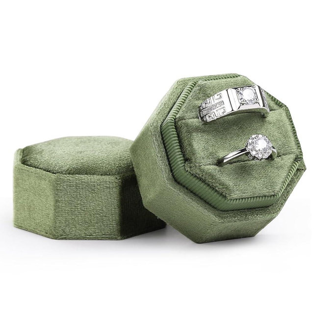 Etercycle Velvet Ring Box, Octagon Gorgeous Vintage Double Jewelry Ring Gift Box with Detachable Lid for Proposal Engagement Wedding Ceremony (Olive Green)
