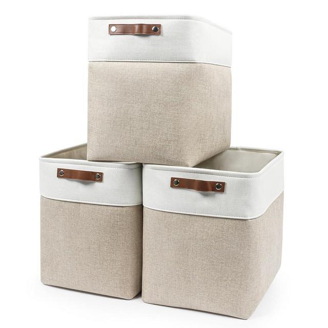Bagnizer Large Fabric Storage Baskets | 50L Storage Bins, Decorative Linen Closet Baskets with Handles for Organizing, Shelf, Toys, Clothes, Home, Office, Nursery, 17x12x15Inches (Beige&White)