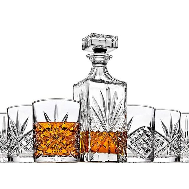 Godinger Whiskey Decanter and 6 Whiskey Glasses Bar set, for Liquor Scotch Bourbon Wine - Dublin Crystal Collection