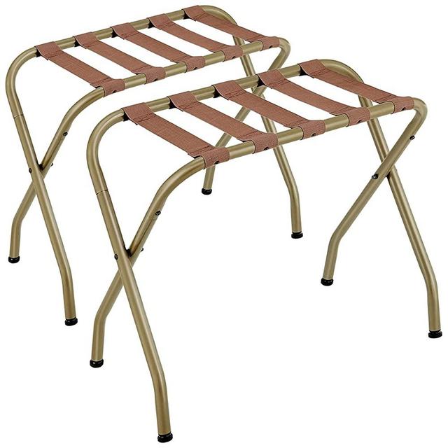 Bartnelli 2-Pack Folding Luggage Rack Collapsible Metal Suitcase Stand with Durable Black Nylon Straps- for Bedroom, Guest Room, or Hotel (Gold Steel)