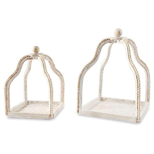 Mud Pie White Washed Wood Beaded Lantern Set