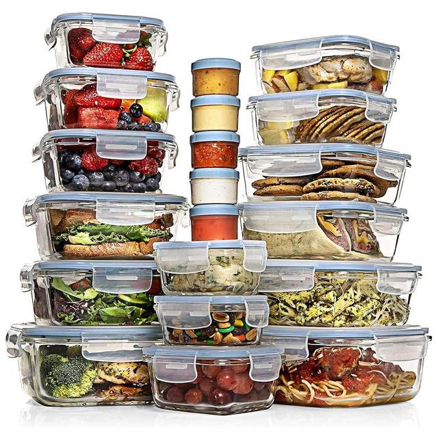 Razab 35 Pc Set Glass Food Storage Containers with Lids - Meal Prep Airtight Bento Boxes BPA-Free 100% Leak Proof (15 lids,15 glass & 5 Plastic Sauce/Dip Containers)