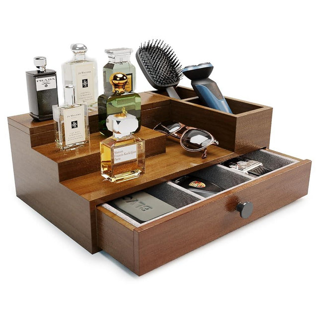 UUyuality Pine Wood Cologne Stand Organizer for Men, 3 Tier Cologne Display Shelf Organizer with Hidden Compartment and Velvet Lining Drawer, Perfume Display Holder (Brown, 01)