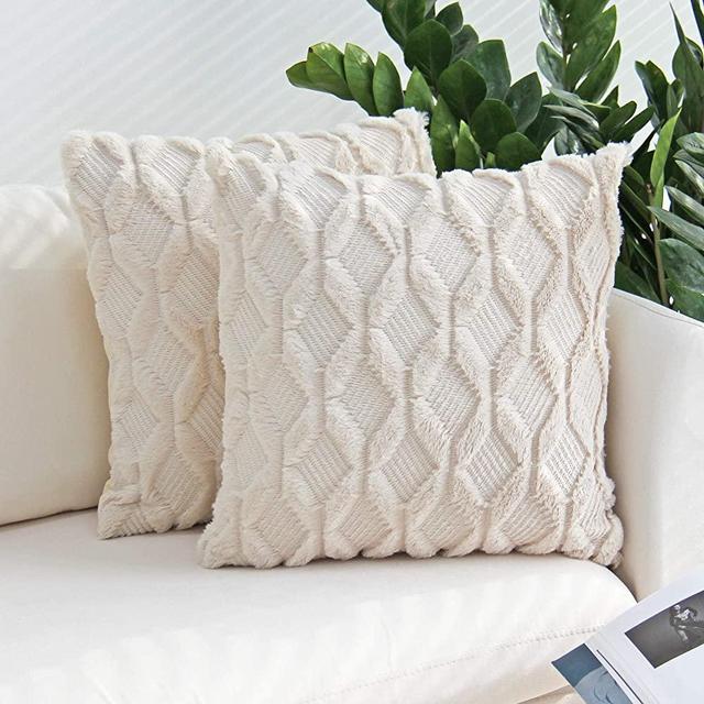 JOJUSIS Plush Short Wool Velvet Decorative Throw Pillow Covers Luxury Style Cushion Case Faux Fur Pillowcases for Sofa Bedroom Pack of 2 18 x 18 Inch Beige