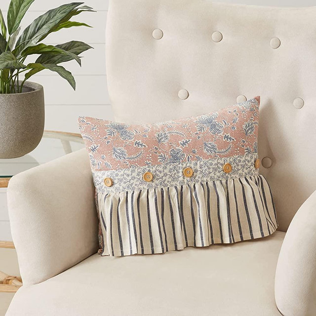 VHC Brands Kaila Cozy Cottage Vintage Ruffle Floral Pink Couch Throw Pillow 14x18