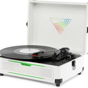 Victrola Journey Glow – Illuminated Suitcase Record Player – 18 RGB Light Effects, Stereo Speakers with Enhanced Bass, Bluetooth Streaming, (White)