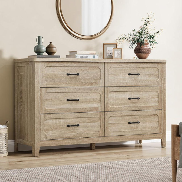 PIXOURA Farmhouse 6 Drawer Dresser for Bedroom, 54'' Extra-Wide Chest of Drawers with Metal Handles, Wood Dresser TV Stand, Rustic Storage Organizer for Closet, Living Room, Entryway, Grey Oak