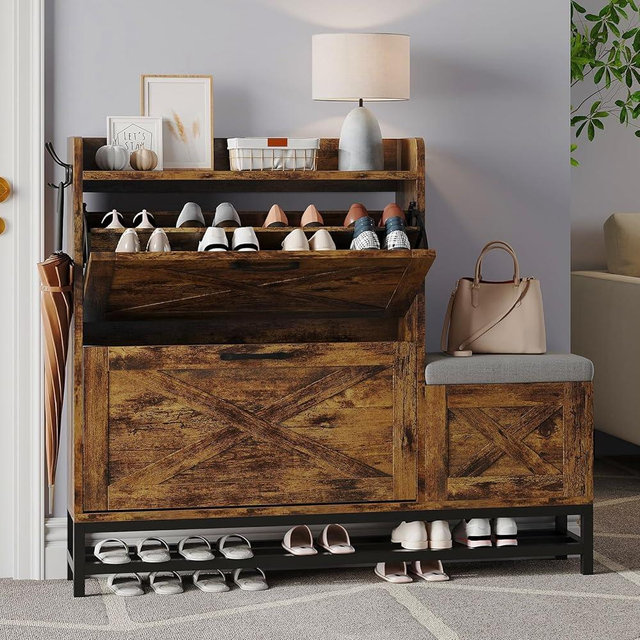 PeacefulHues Shoe Cabinet with Bench, Farmhouse Narrow Slim Shoe Storage Cabinet 2 Flip Drawers for Entryway Hallway Living Room, Antiseptic Wood