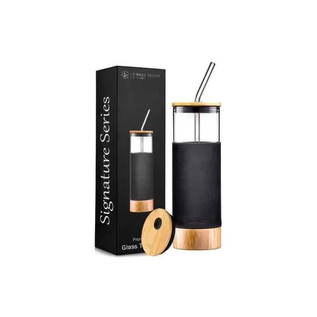 Le'raze 20oz Glass Water Bottle Tumbler Cup with Glass Straw, Bamboo Lid & Base + Protective Silicone Sleeve - BPA Free - Black