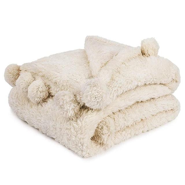 PAVILIA Cream Sherpa Throw Blanket for Couch, Pom Pom | Fluffy Plush Soft Blanket for Sofa Bed | Shaggy Warm Fuzzy Fleece Blanket | Cozy Decorative Beige Ivory Pompom Throw, 50x60