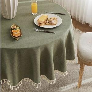 Linen Tablecloth with Tassels, Farmhouse Style GreenTablecloth, Water Resistant Burlap Tablecloths for Round Table, 60 Inch Round Olive
