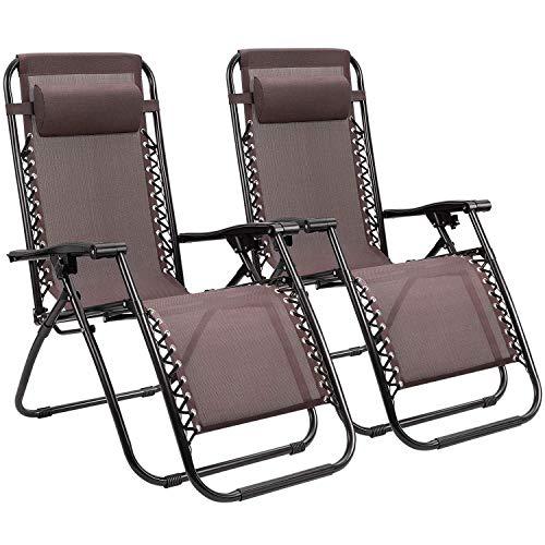 Homall Zero Gravity Chair Adjustable Folding Lawn Lounge Chairs Outdoor Lounge Gravity Chair Camp Reclining Lounge Chair with Pillows for Poolside Backyard and Beach Set of 2 (Brown)