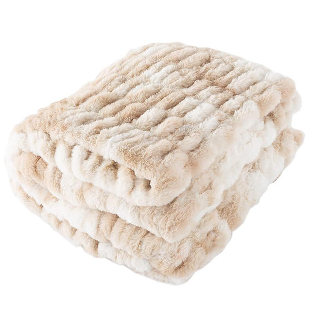 Lavish Home Oversized Ruched Faux Fur Blanket, 60x80-Inch Jacquard Faux Fur Queen-Size Throw for Beds and Sofas, Cream