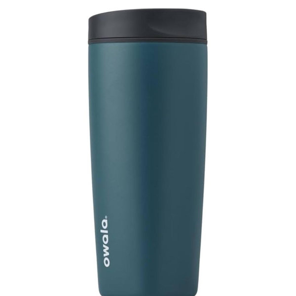 Owala SmoothSip Slider Insulated Stainless Steel Coffee Tumbler, Reusable Iced Coffee Cup, Hot Coffee Travel Mug, BPA Free 20 oz, Grey/Blue (High Dive)