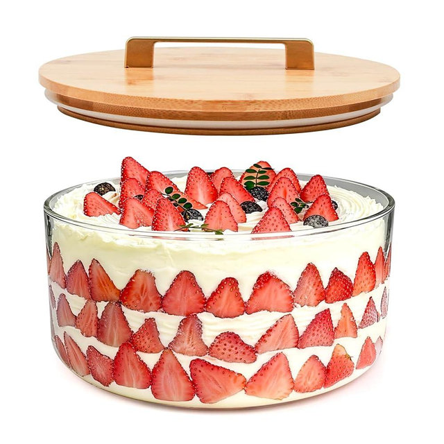Acelane 10 Inch Glass Trifle Bowl with Sealed Lid, Large Salad Bowl, Modern Versatile Mixing and Serving Bowl for Salad, Dessert, Laying Ice Cream, Cake and Party, Home, Microwave & Dishwasher Safe