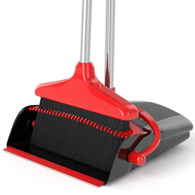 Broom with Dustpan Combo Set 54" Long Handle Adjustable Length Stainless Steel Broomstick Standing Dust Pan and Broom Set for Office Home Kitchen Lobby Floor Cleaning (Red and Black)