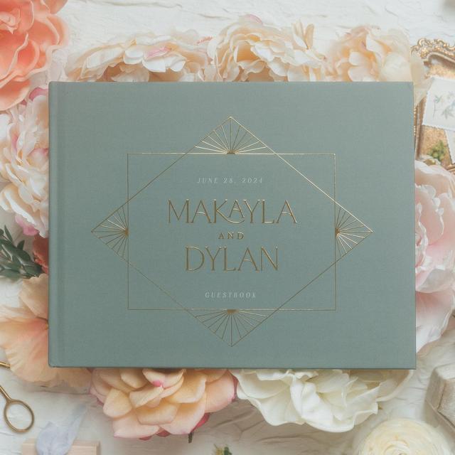 Vintage Wedding Guest Book, Green Wedding Hardcover Photo Album, Art Deco Gold Foil, Anniversary Album, Sign In Book - Makayla