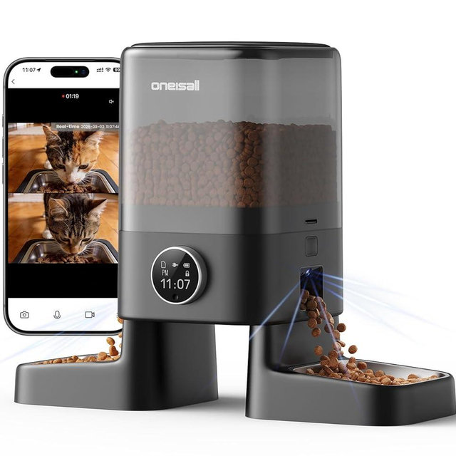 oneisall Automatic Cat Feeder with Camera for 2 Cats, 1080P HD Night Vision, 20 Cups/5L Cat Feeder Automatic, 2-Way Audio, Motion-Activated Alerts, 5G WiFi APP Remote Control Pet Feeder