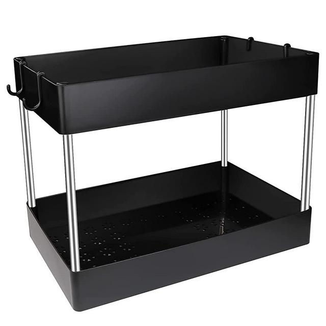 LGHIESO Under Sink Organizer, Under Bathroom Sink 2 Tier Shelf Organizer Rack, Under Bath Sink Collection Storage Baskets with Hooks, Ideal for Room, Office, Kitchen, Bathroom (Black, 2-Tier)