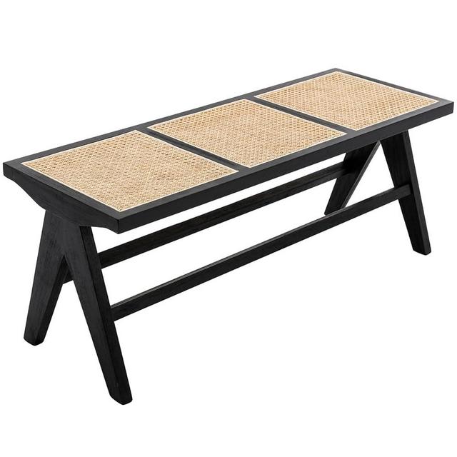 Guyou Rattan Ottoman Bench Farmhouse Dining Bench with Black Frame, Wicker Entryway Bench Cane Bench Seat for Bedroom End of Bed Hallway Foyer Living Room, Black