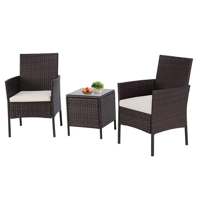 Incbruce Patio Bistro Set 3-Piece Outdoor Wicker Furniture Sets, Modern Rattan Garden Conversation Chair with Thick Cushion and Glass Top Coffee Table (Brown/Beige)