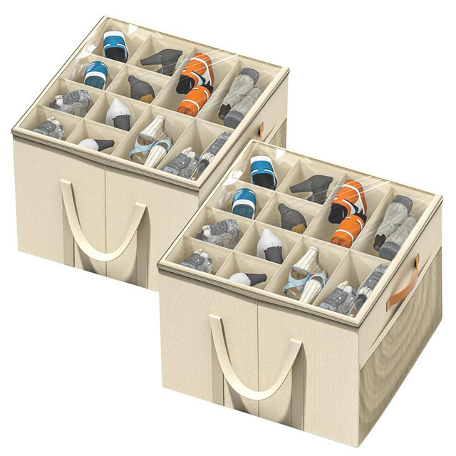 Aokeyee Shoe Storage Organizer for Closet, Large Shoe Box Storage Containers with Clear Cover and Reinforced Handles, Foldable Shoe Storage Organizer Box Bin, Fits to 12-16 Pairs, 2 Pack (Beige)