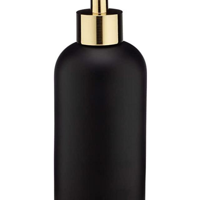 EssentraHome Matte Black Liquid Soap Dispenser with Metal Brushed Gold Pump for Bathroom, Bedroom or Kitchen. Great for Hand Lotions and Essential Oils. 10 Fluid Ounce