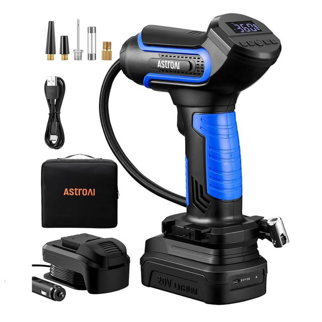 AstroAI Tire Inflator Air Compressor Cordless with 20V Rechargeable Li-ion Battery 150 PSI Portable Handheld Air Pump with 12 V Car Power Adapter for Cars Motorcycles LS40791（C1） Blue