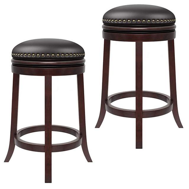Furgle Barstool Set of 2 Swivel Counter Stool 29-inch Solid Wood Upholstered Backless Bar Stool PU Leather Cushioned Seat w/Brass Nailhead Studs for Kitchen Island, Counter, Pub or Bar