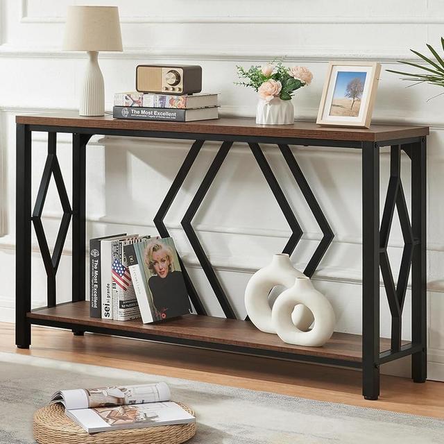 HOMBAZAAR Entryway Console Table,2 Tier Industrial Sofa Table with Metal Frame,Rustic Hallway Table with Storage for Living Room,Foyer,Brown,47inch