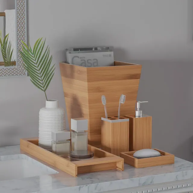 Hastings Home Bamboo Bathroom Accessories Set - 5 Pieces