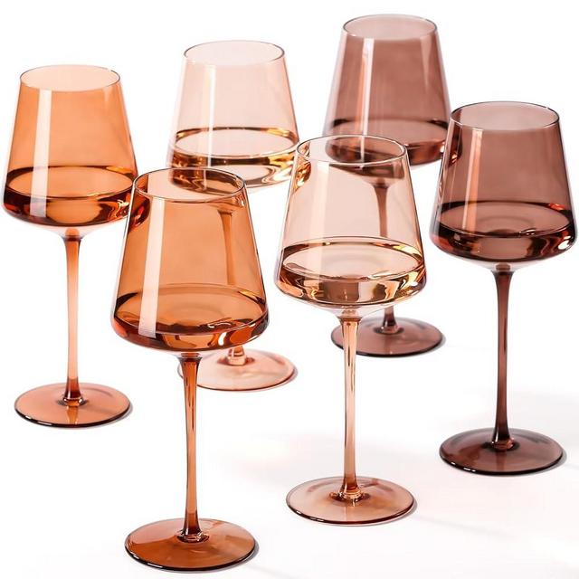 Venus Colored Wine Glasses Set of 6-18oz【Hand Blown】 Brown Wine Glasses with Tall Long Stems and Flat Bottom, Amber Colored Glassware-Unique Gifts for Wine Lovers,Valentine's Day